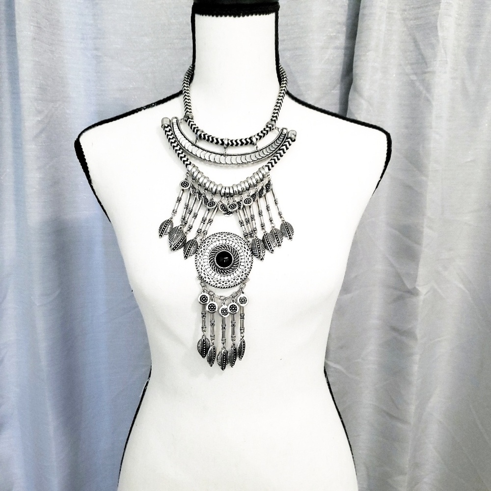 Silver tribal long length statement necklace